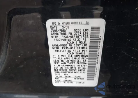 2009 Nissan Murano S из США, поврежденный, VIN JN8AZ18W89W127280